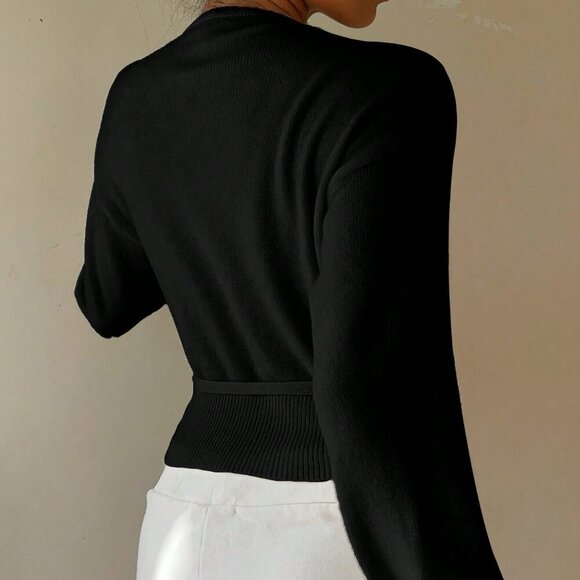 Black Casual Women's Sexy Versatile Tie-Front Deep V Cardigan - Picture 3 of 7